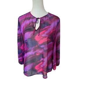 Amber Sun Sheer Abstract Blouse | Purple Pink Chiffon Tie Neck  | Romantic Y2K